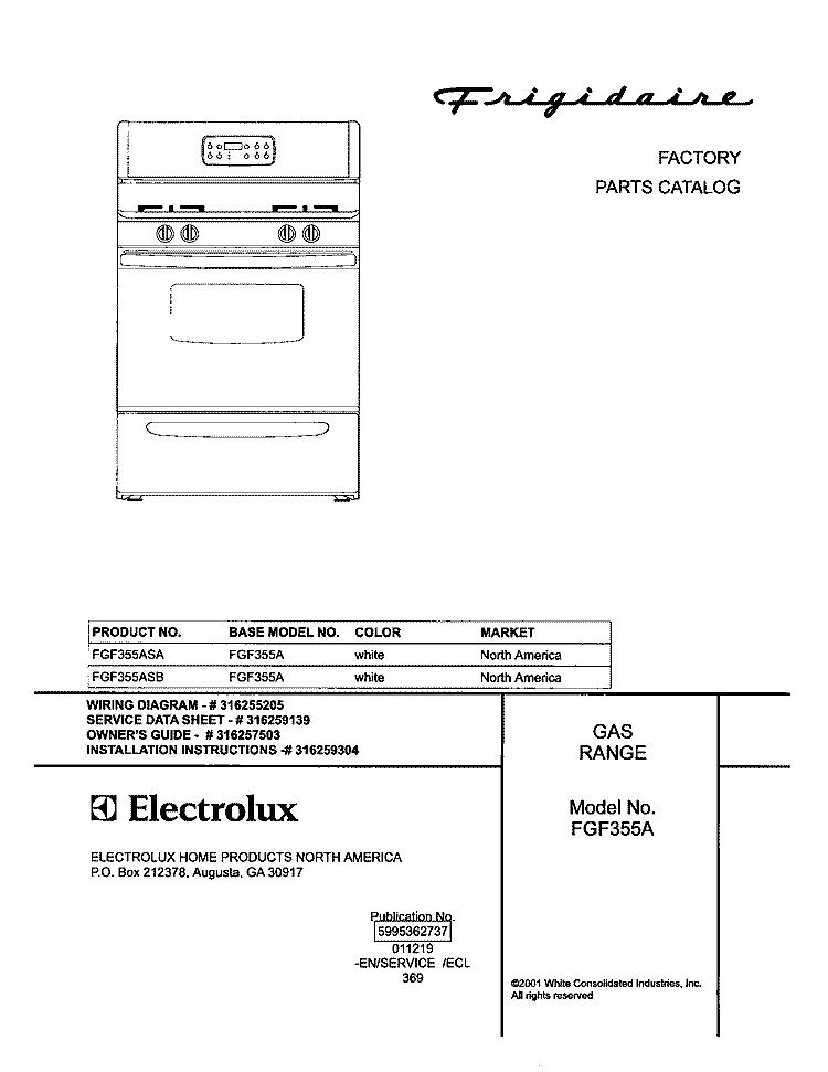 COVER Diagram and Parts List for FGF355ASB  Frigidaire Range