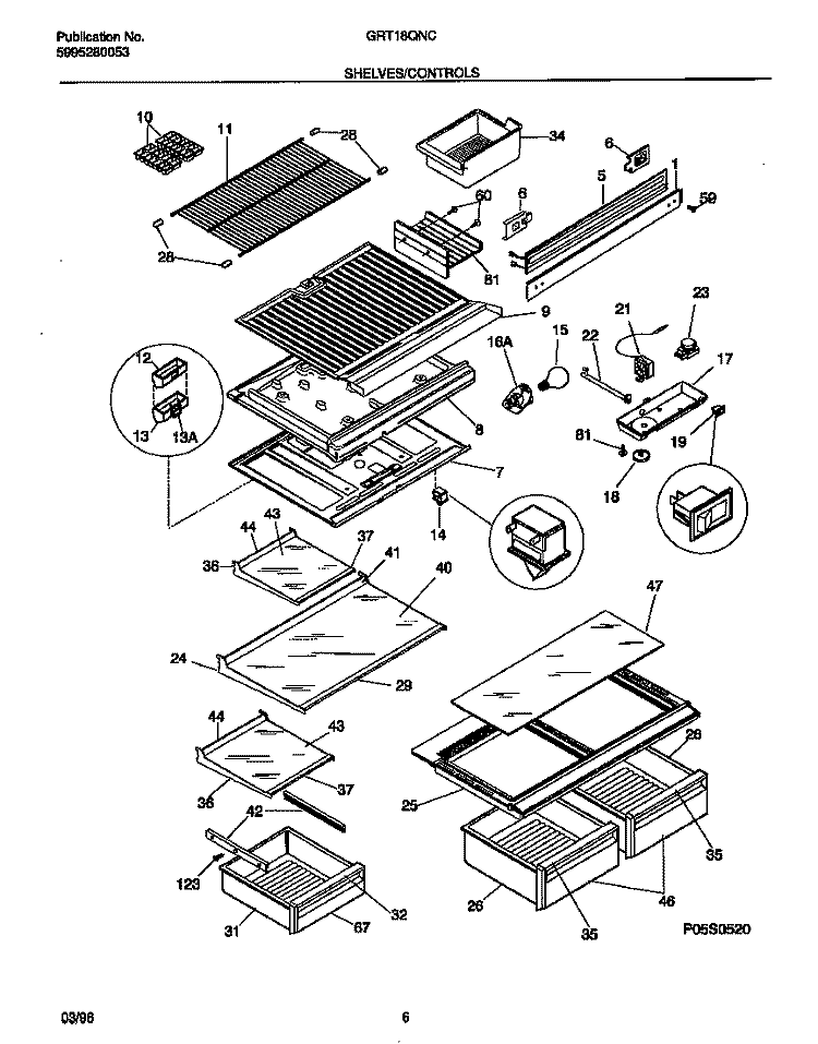 SHELVES / CONTROLS Diagram and Parts List for GRT18QNCD2  Gibson Refrigerator