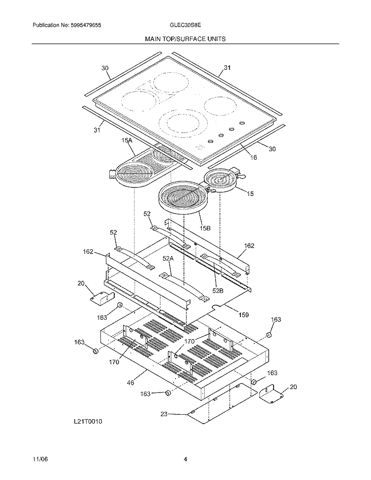 MAIN TOP / SURFACE UNITS Diagram and Parts List for GLEC30S8EBB  Frigidaire Cooktop