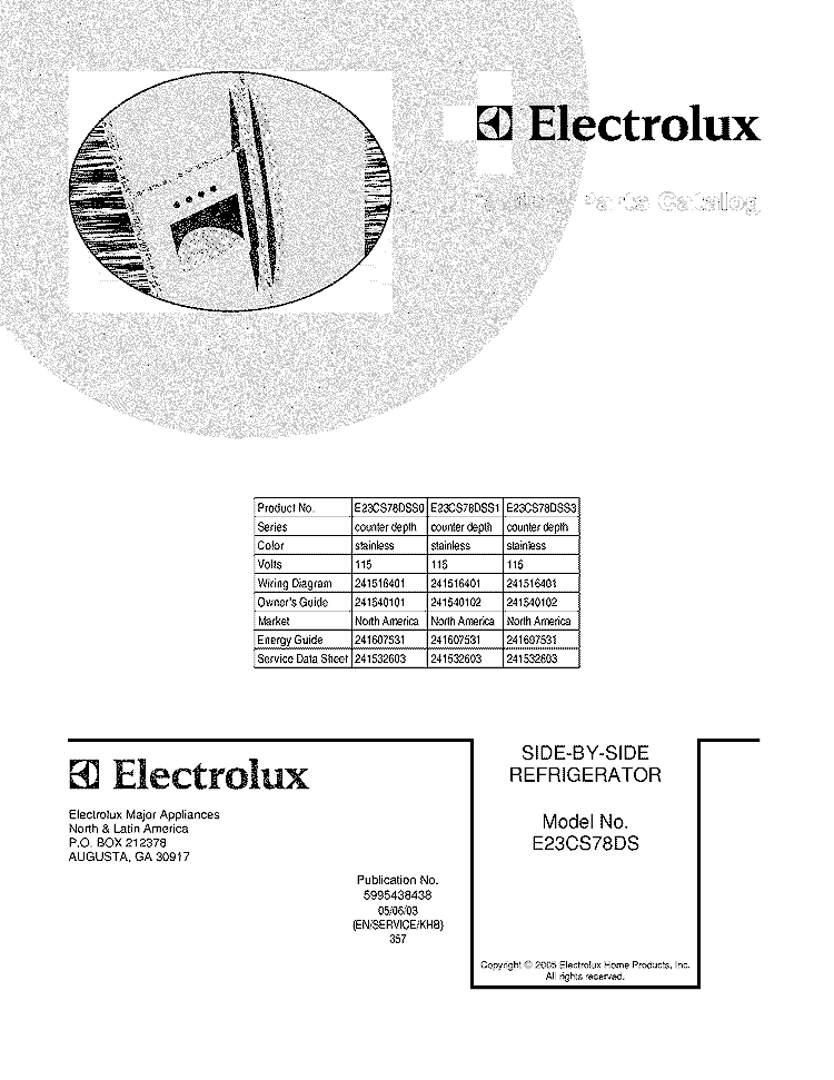 COVER Diagram and Parts List for E23CS78DSS3  Electrolux Refrigerator