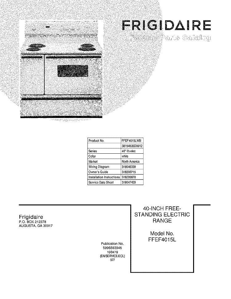 COVER Diagram and Parts List for FFEF4015LWB  Frigidaire Range