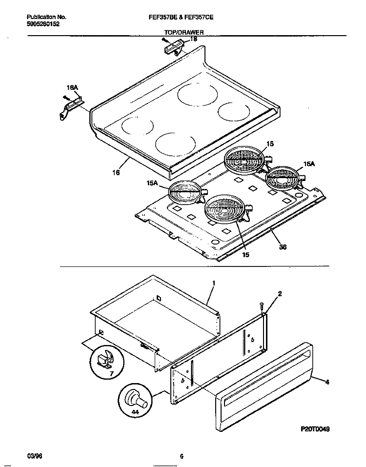 TOP / DRAWER Diagram and Parts List for FEF357CESA  Frigidaire Range