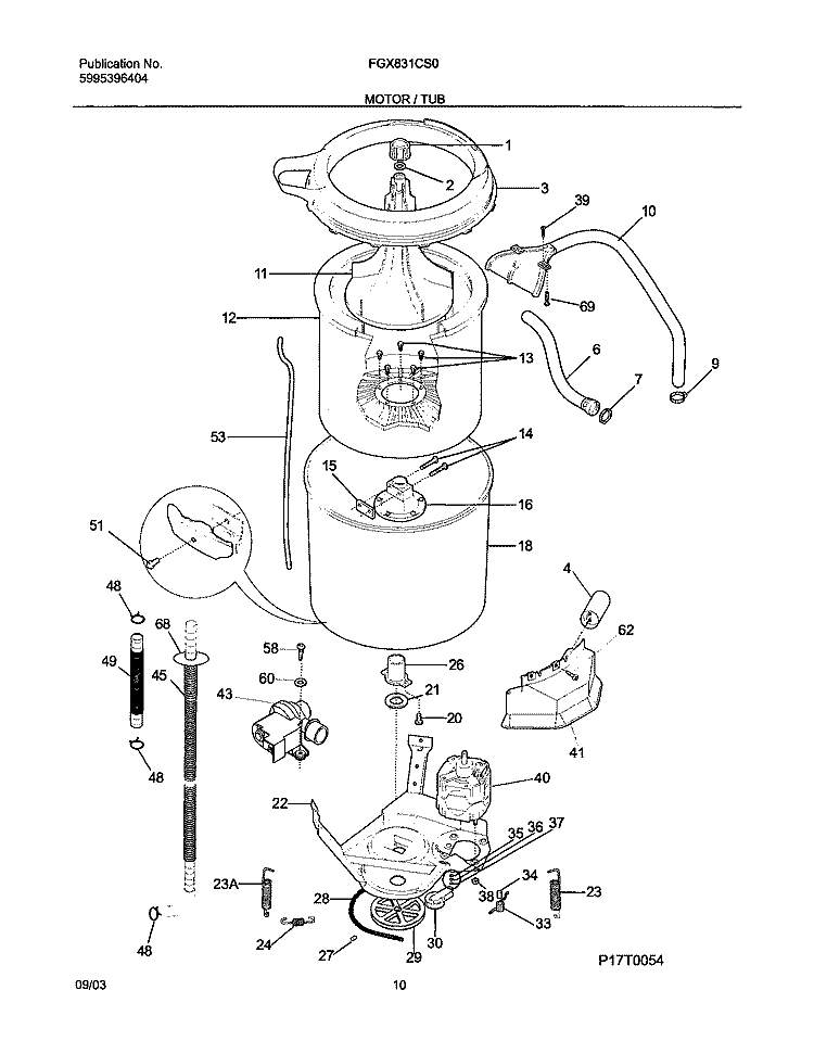MOTOR / TUB Diagram and Parts List for FGX831CS0  Frigidaire Washer Dryer Combo