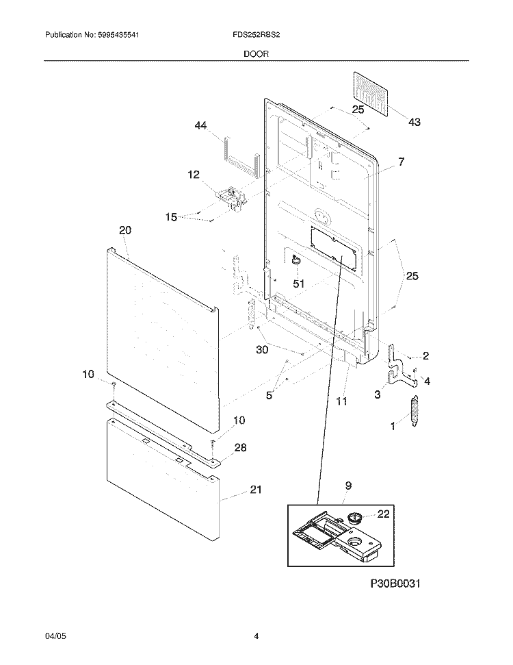 DOOR Diagram and Parts List for FDS252RBS2  Frigidaire Dishwasher