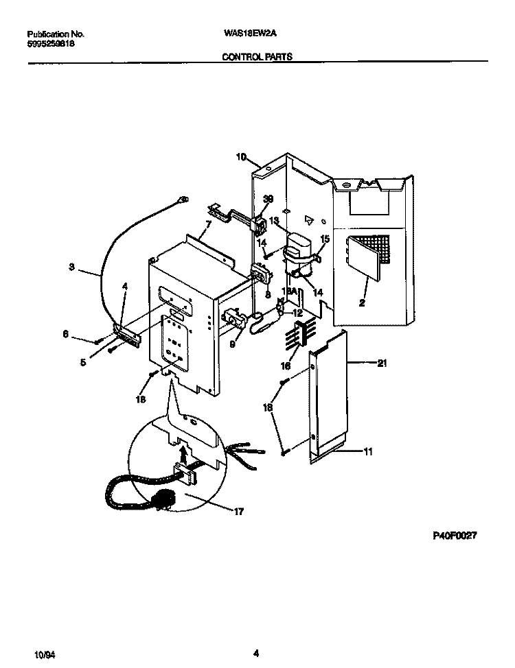 CONTROL PARTS Diagram and Parts List for WAS18EW2A2  Frigidaire Air Conditioner
