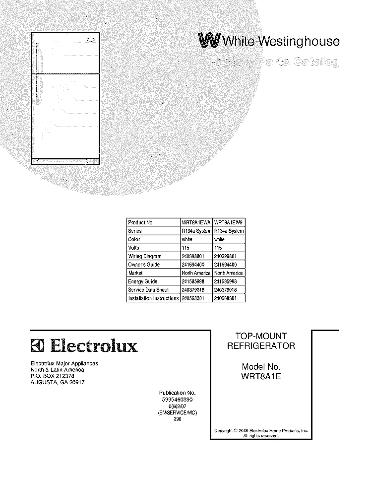 COVER Diagram and Parts List for WRT8A1EWA  Westinghouse Refrigerator