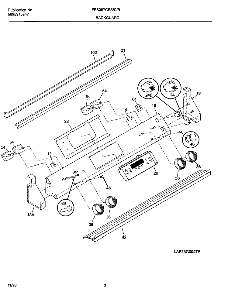 BACKGUARD Diagram and Parts List for FES367CETC  Frigidaire Range