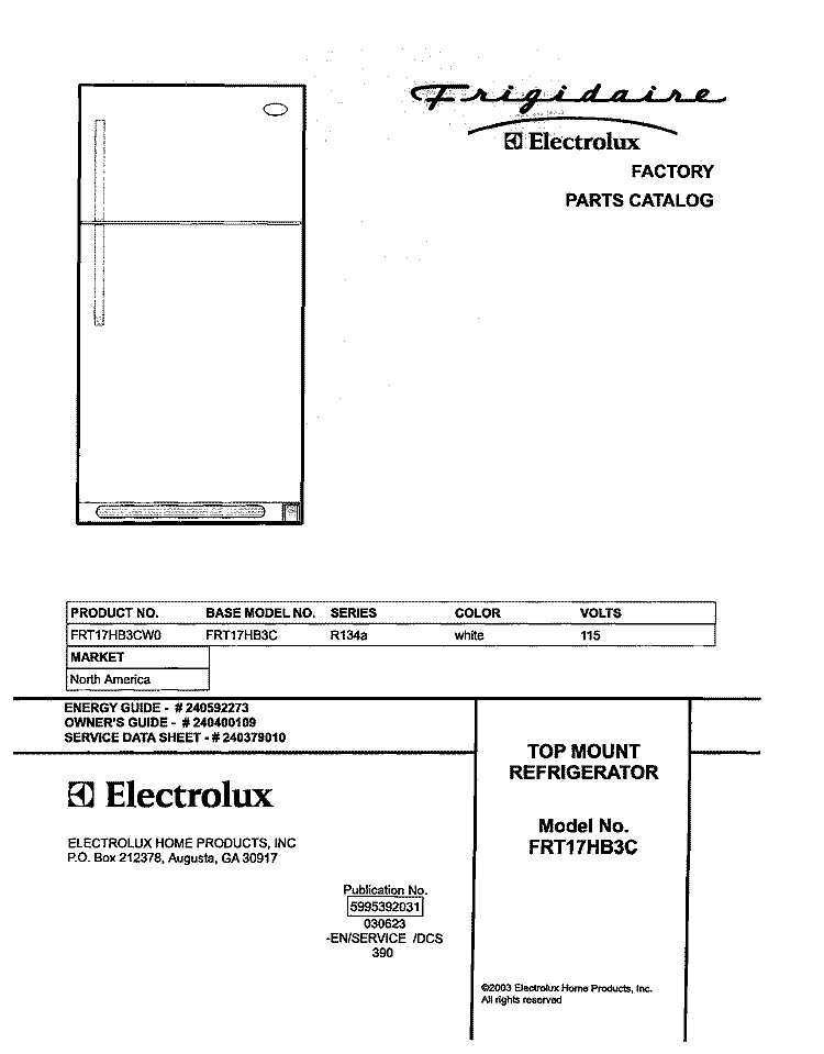 COVER Diagram and Parts List for FRT17HB3CW0  Frigidaire Refrigerator