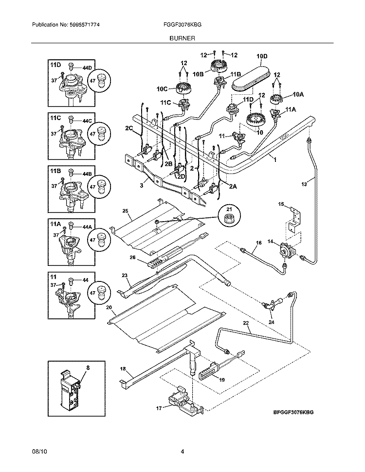 BURNER Diagram and Parts List for FGGF3076KBG  Frigidaire Range
