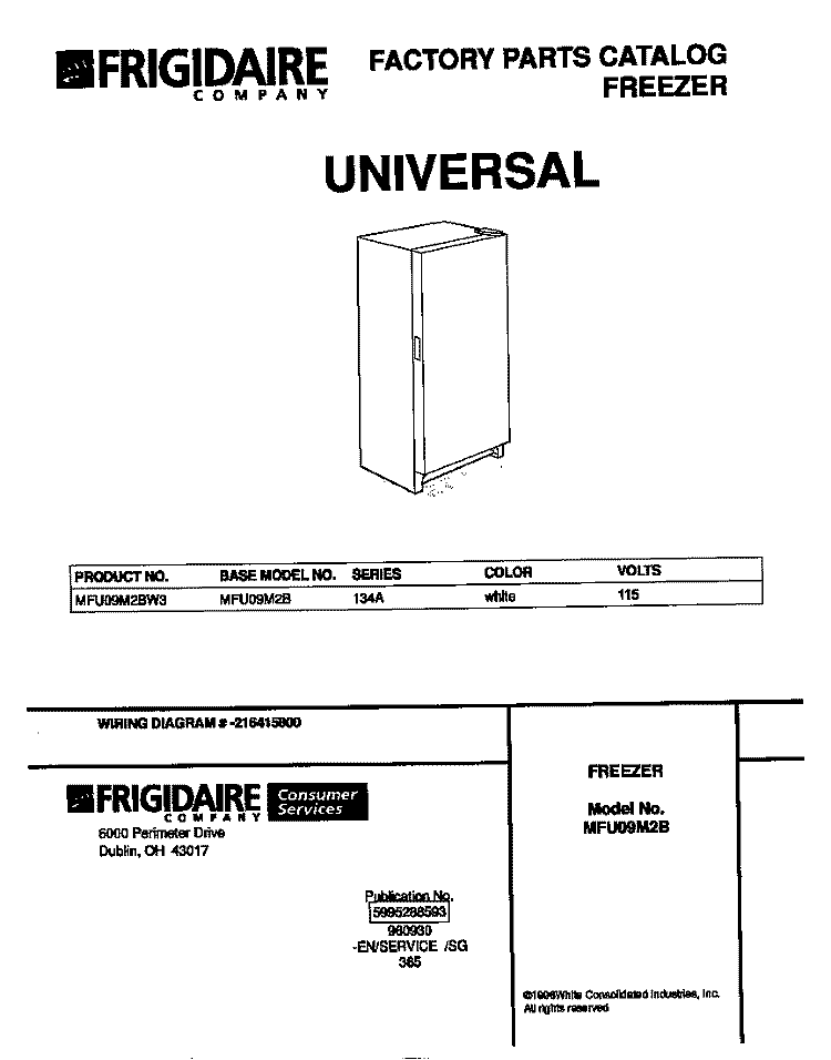 COVER Diagram and Parts List for MFU09M2BW3  Frigidaire Freezer