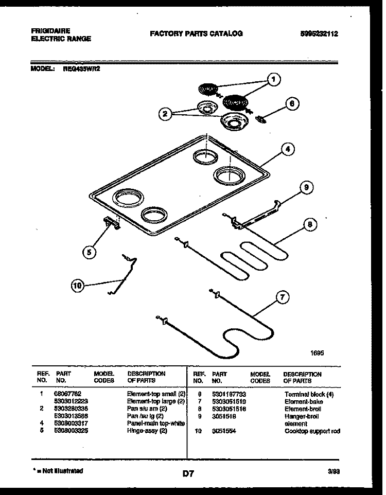 COOKTOP AND BROILER PARTS Diagram and Parts List for REG435WRW2  Frigidaire Range