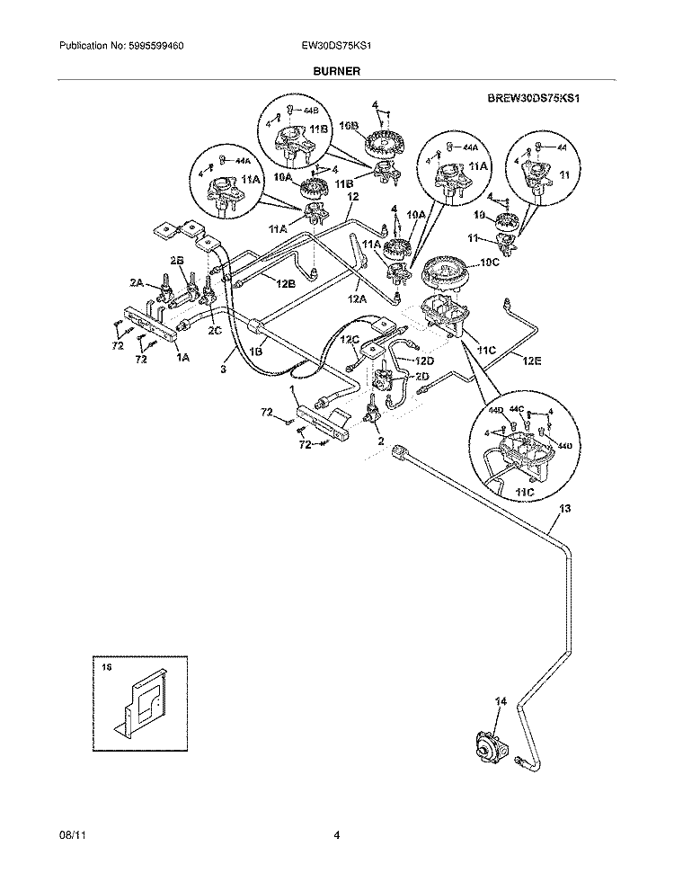 BURNER Diagram and Parts List for EW30DS75KS1  Electrolux Range