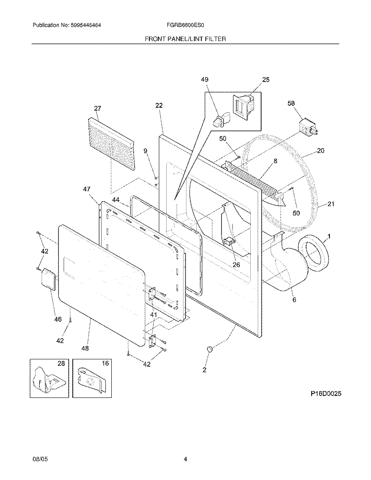 FRONT PANEL / LINT FILTER Diagram and Parts List for FGRB6600ES0  Frigidaire Dryer