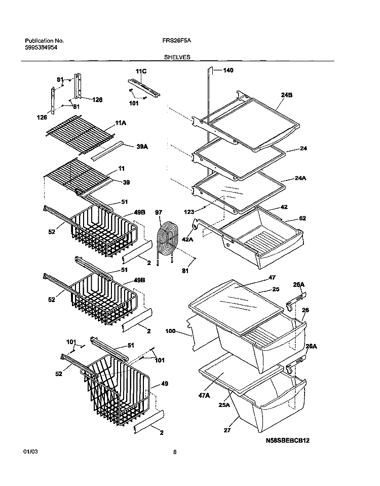 SHELVES Diagram and Parts List for FRS26F5AQ6  Frigidaire Refrigerator