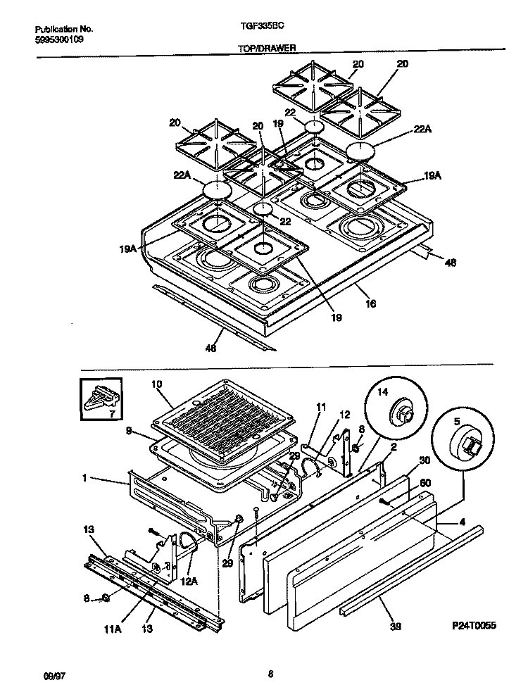 TOP / DRAWER Diagram and Parts List for TGF335BCWE  Tappan Range