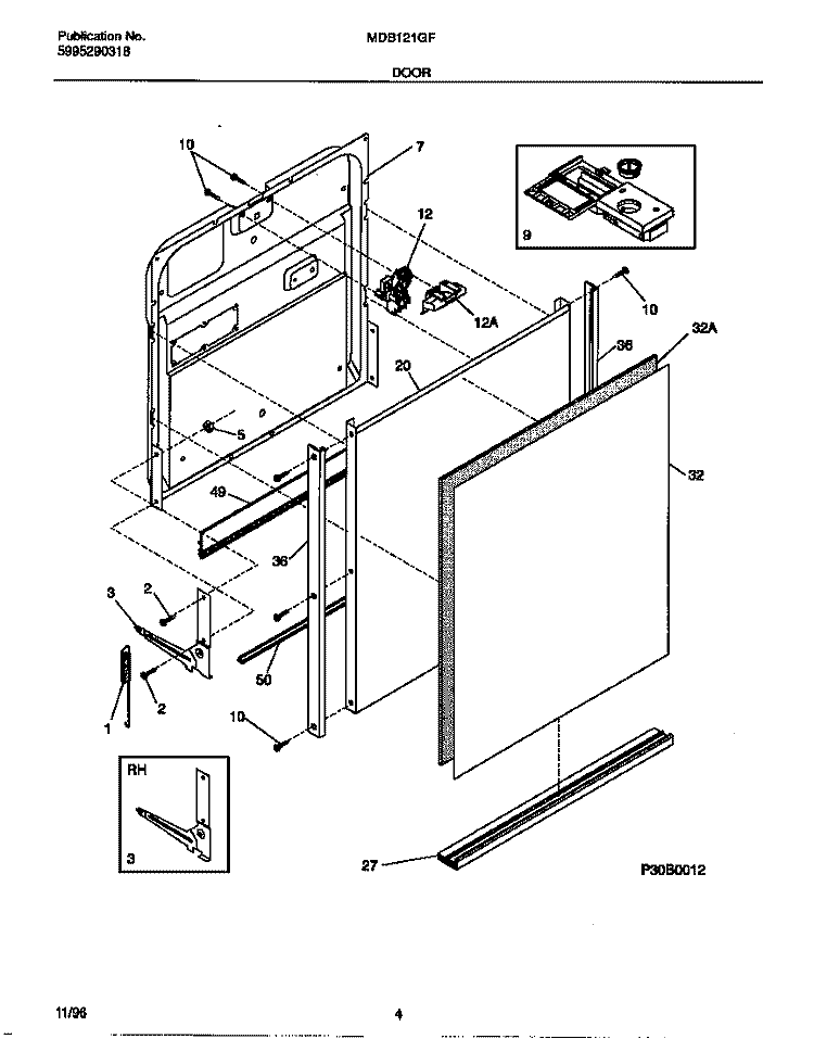 DOOR Diagram and Parts List for MDB121GFR1  Frigidaire Dishwasher