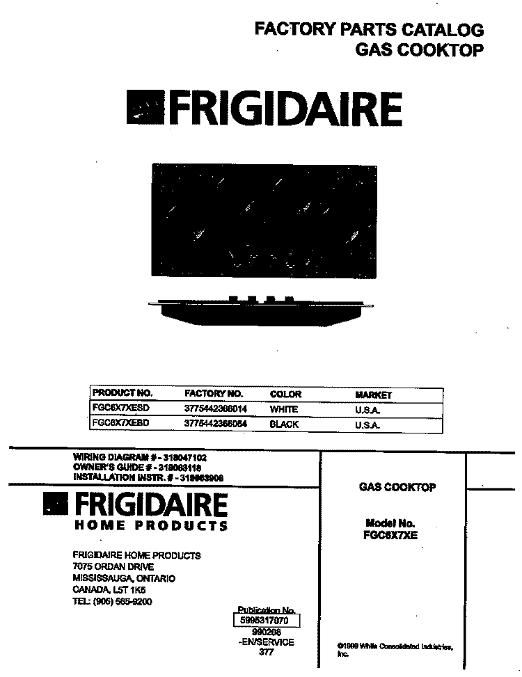 COVER Diagram and Parts List for FGC6X7XEBD  Frigidaire Cooktop