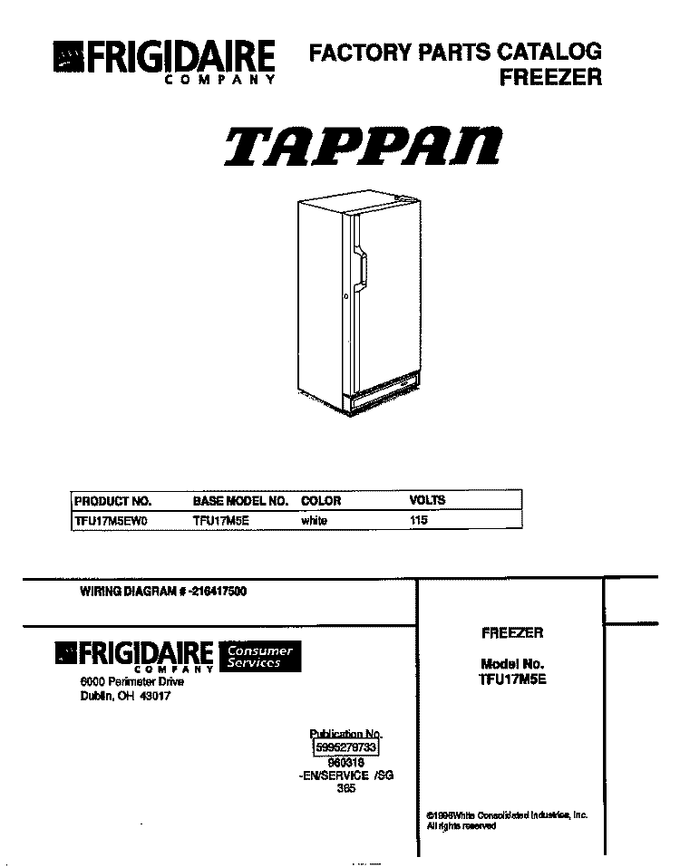 COVER Diagram and Parts List for TFU17M5EW0  Tappan Freezer
