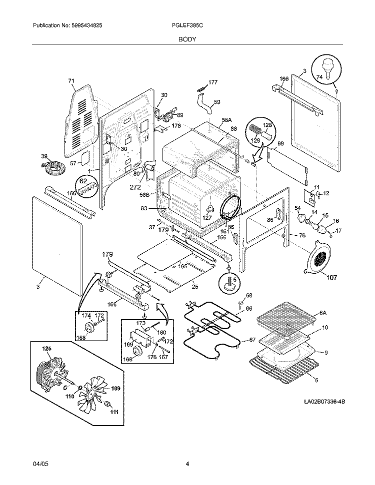 BODY Diagram and Parts List for PGLEF385CQ4  Frigidaire Range