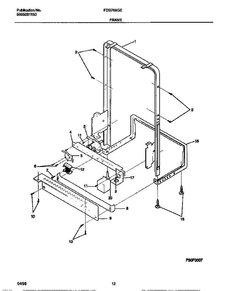 FRAME Diagram and Parts List for FDB768GEW0  Frigidaire Dishwasher