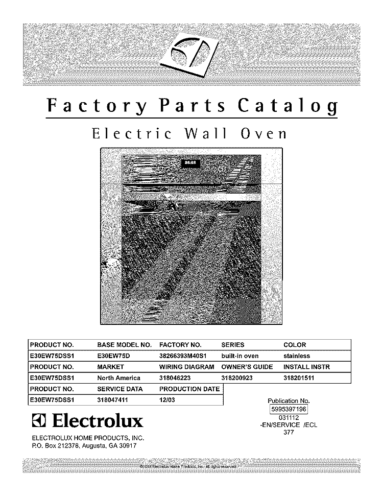 COVER Diagram and Parts List for E30EW75DSS1  Electrolux Wall Oven