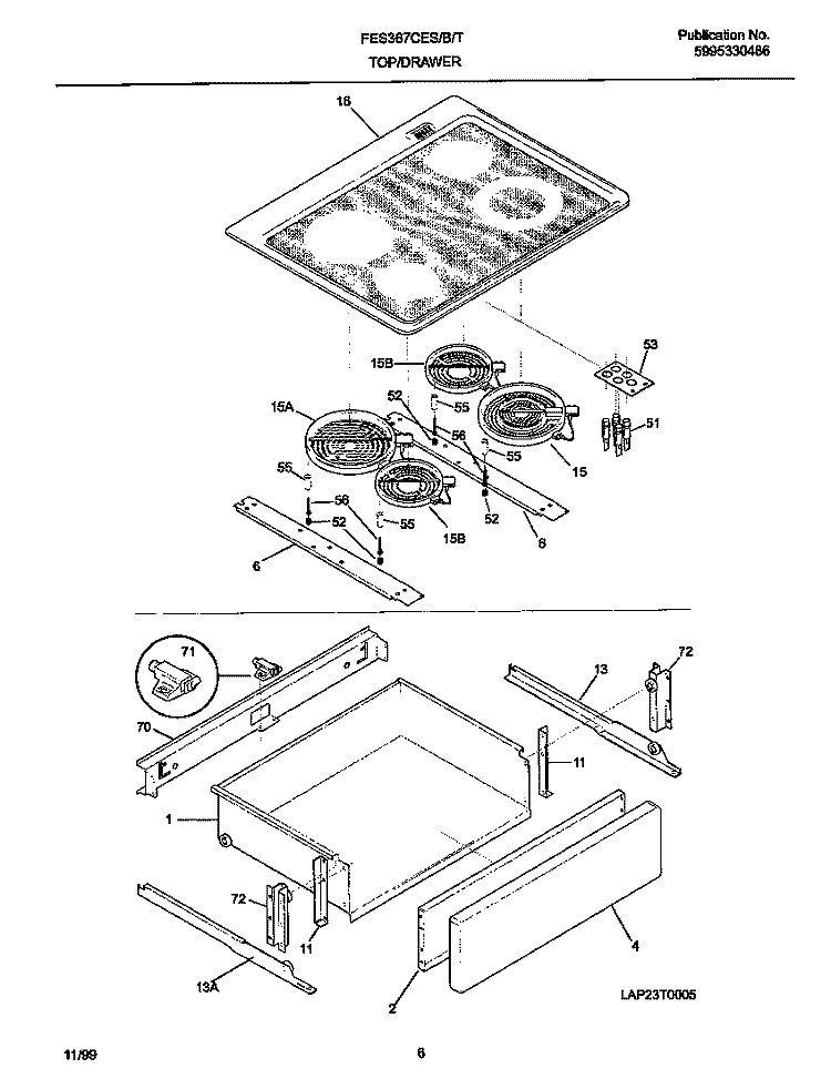 TOP / DRAWER Diagram and Parts List for FES367CETF  Frigidaire Range