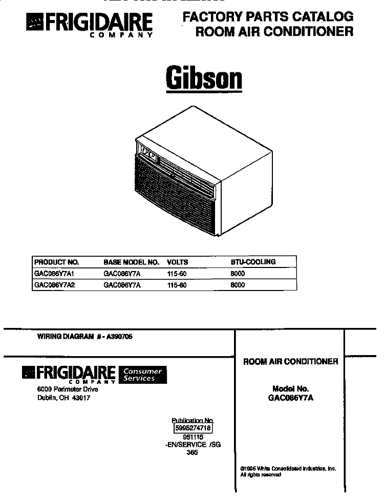 COVER Diagram and Parts List for GAC086Y7A2  Gibson Air Conditioner