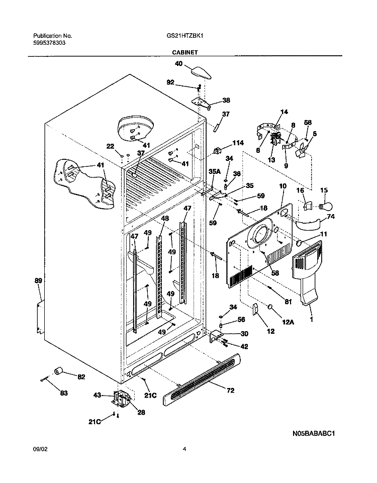 CABINET Diagram and Parts List for GS21HTZBK1  Frigidaire Refrigerator