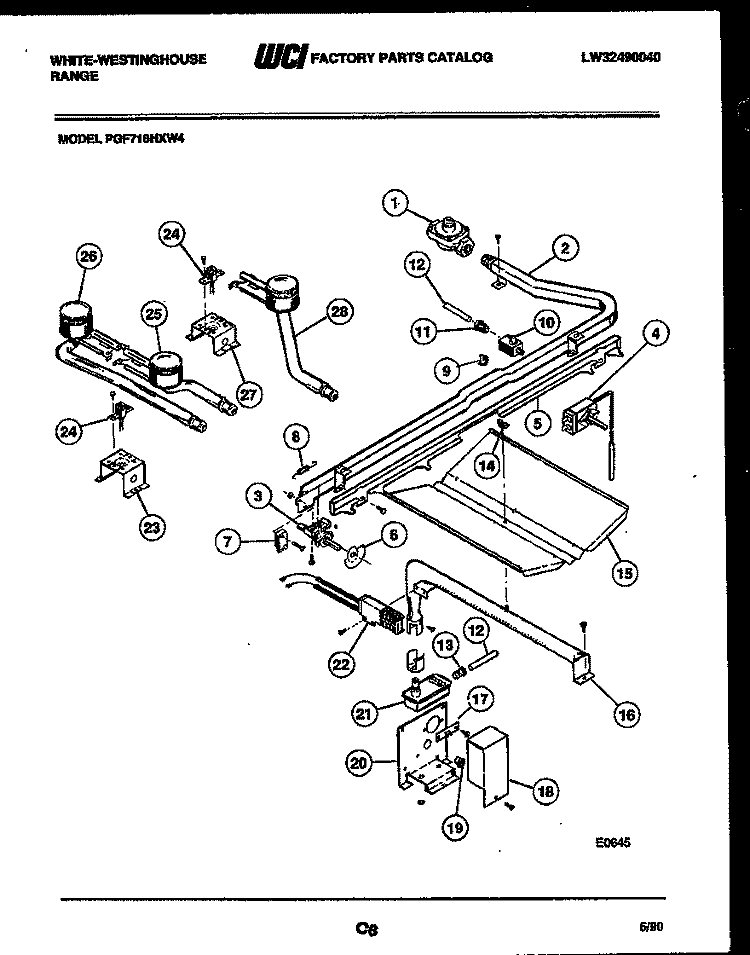 BURNER, MANIFOLD AND GAS CONTROL Diagram and Parts List for PGF716HXW4  Frigidaire Range