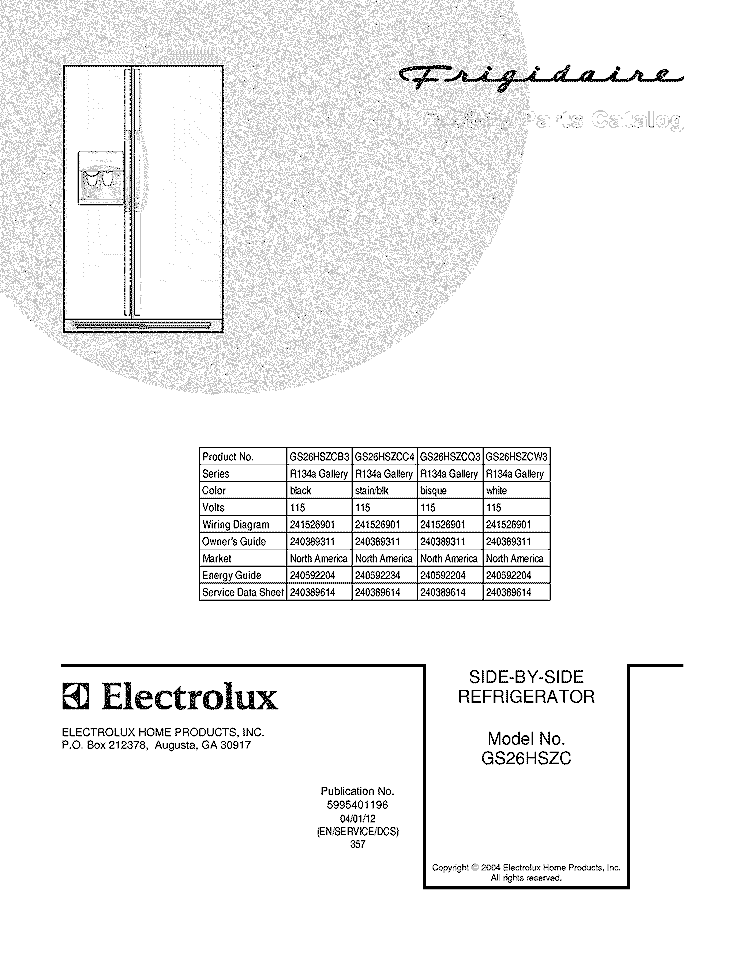 COVER Diagram and Parts List for GS26HSZCB3  Frigidaire Refrigerator