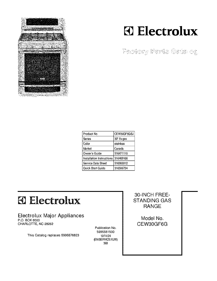 COVER Diagram and Parts List for CEW30GF6GSJ  Electrolux Range
