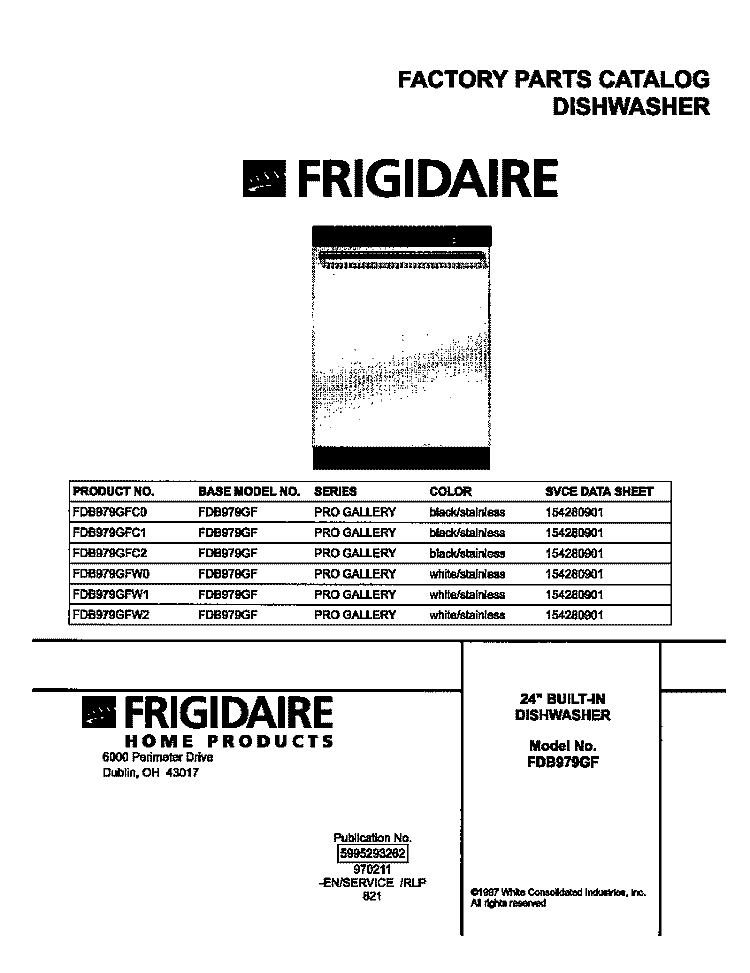 COVER Diagram and Parts List for FDB979GFC1  Frigidaire Dishwasher
