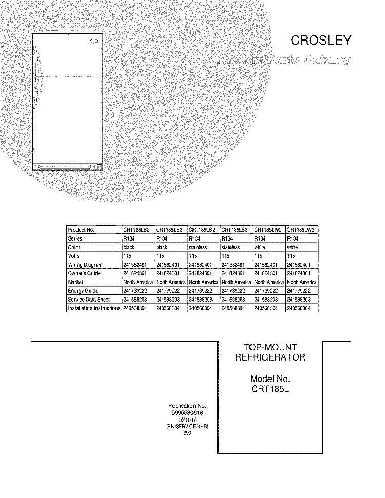 COVER Diagram and Parts List for CRT185LS3  Crosley Refrigerator