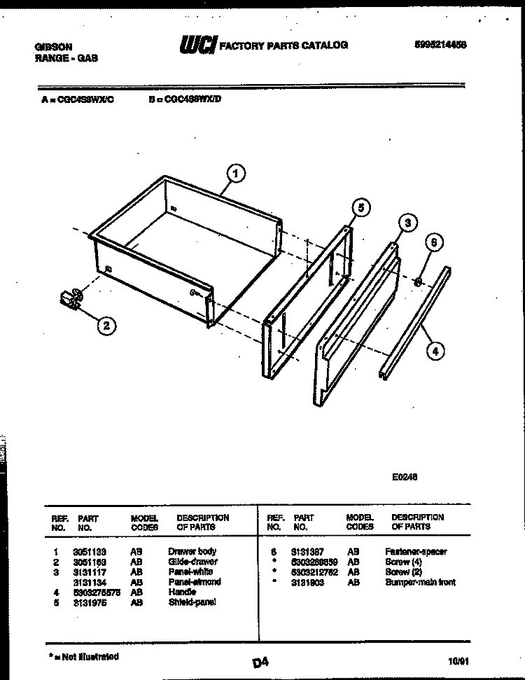 DRAWER PARTS Diagram and Parts List for CGC4S8WXD  Gibson Range
