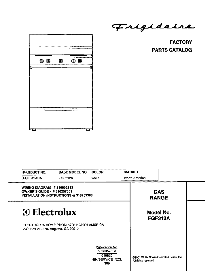 COVER Diagram and Parts List for FGF312ASA  Frigidaire Range