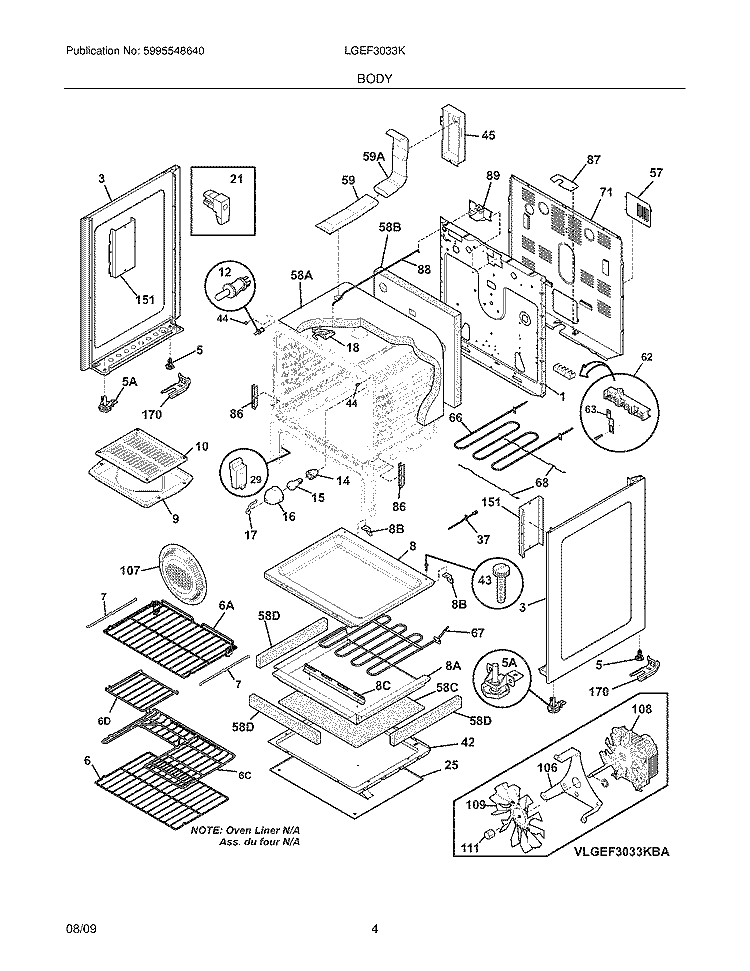 BODY Diagram and Parts List for LGEF3033KQB  Frigidaire Range