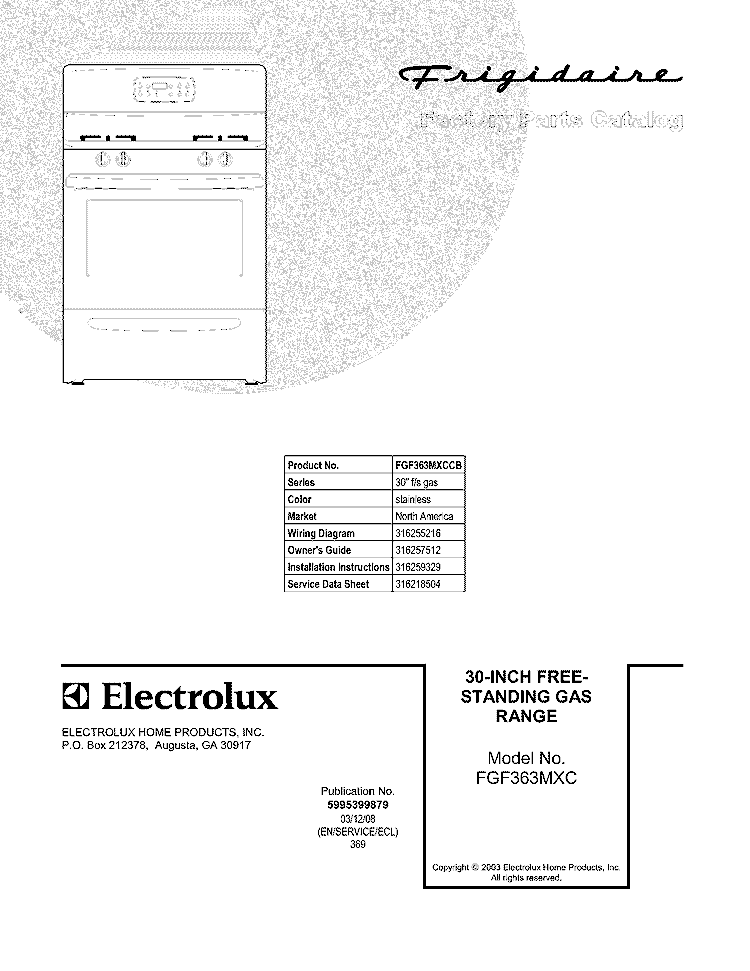 COVER Diagram and Parts List for FGF363MXCCB  Frigidaire Range