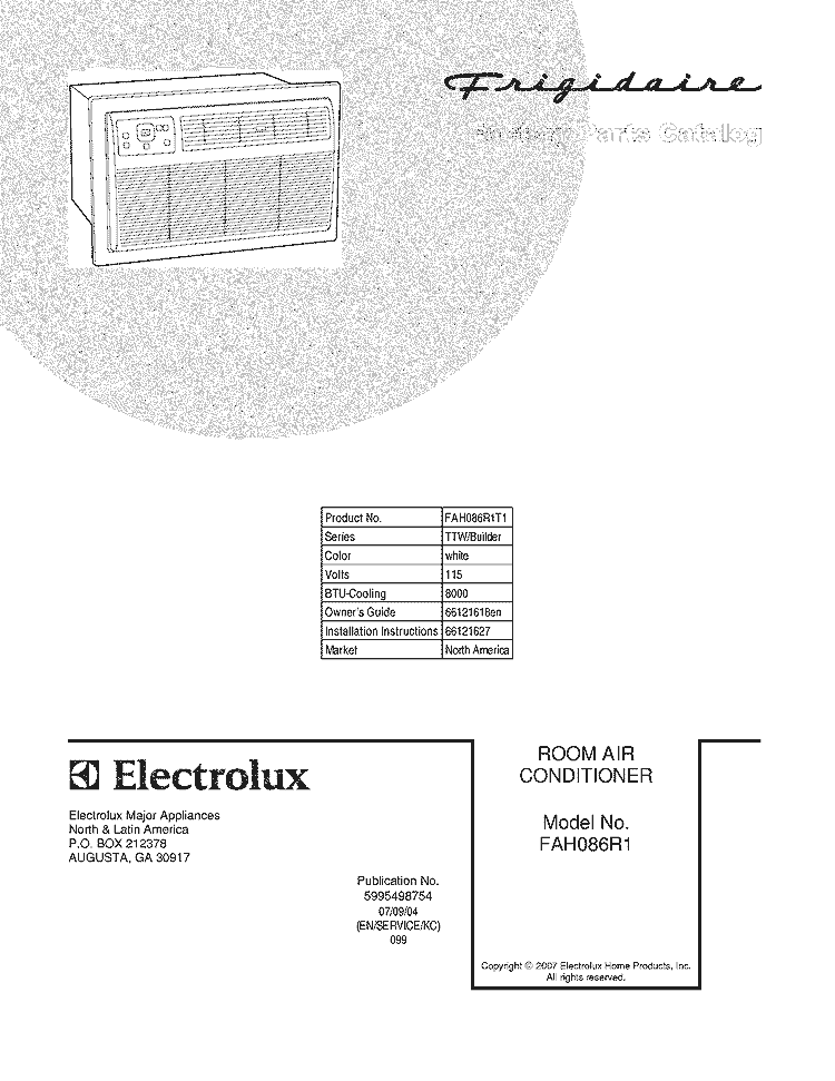 COVER Diagram and Parts List for FAH086R1T1  Frigidaire Air Conditioner
