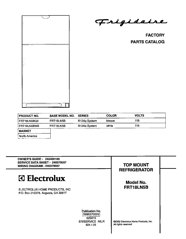 COVER Diagram and Parts List for FRT18LN5BQ0  Frigidaire Refrigerator