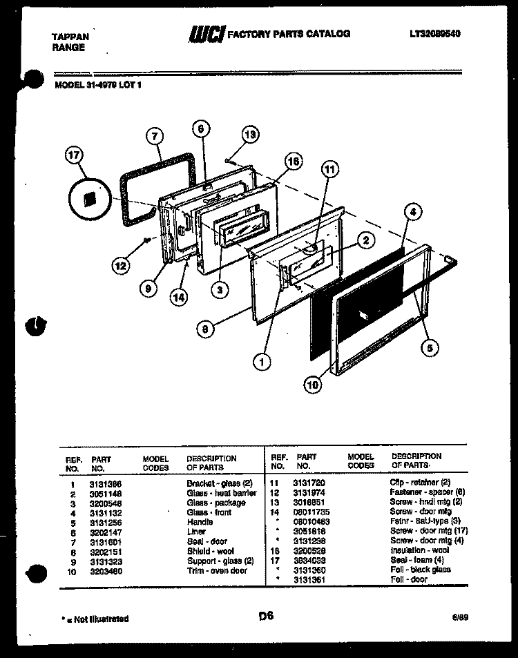 DOOR PARTS Diagram and Parts List for 31-4979-00-01  Tappan Range