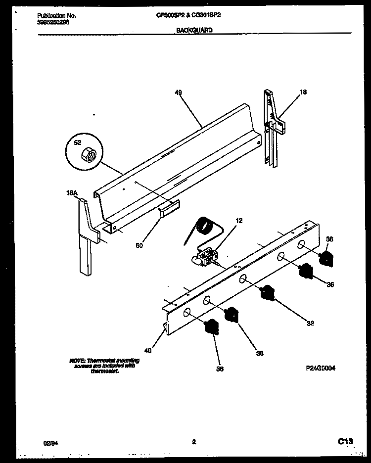 BACKGUARD Diagram and Parts List for CG300SP2W3  Frigidaire Range
