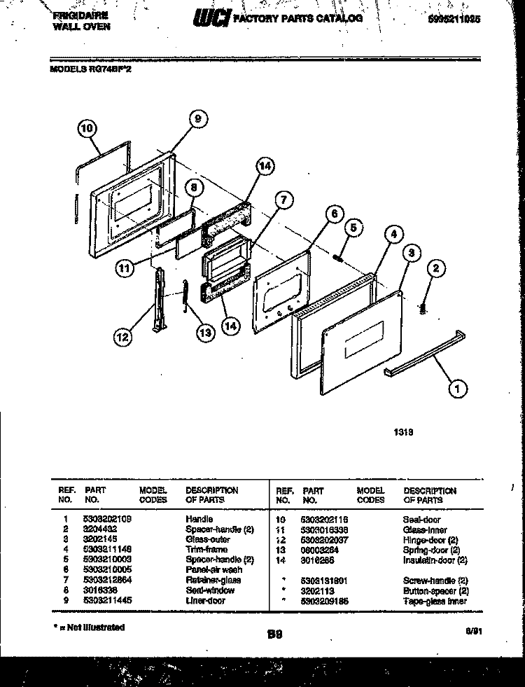 DOOR PARTS Diagram and Parts List for RG74BF2  Frigidaire Wall Oven