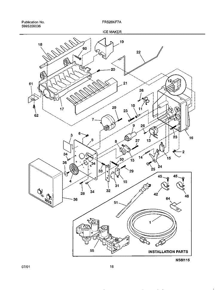 ICE MAKER Diagram and Parts List for FRS26KF7AB0  Frigidaire Refrigerator