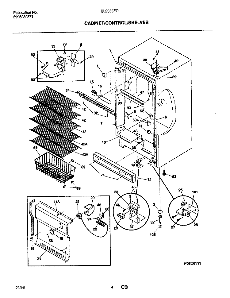 CABINET / CONTROL / SHELVES Diagram and Parts List for UL2030ECW8  Electrolux Freezer