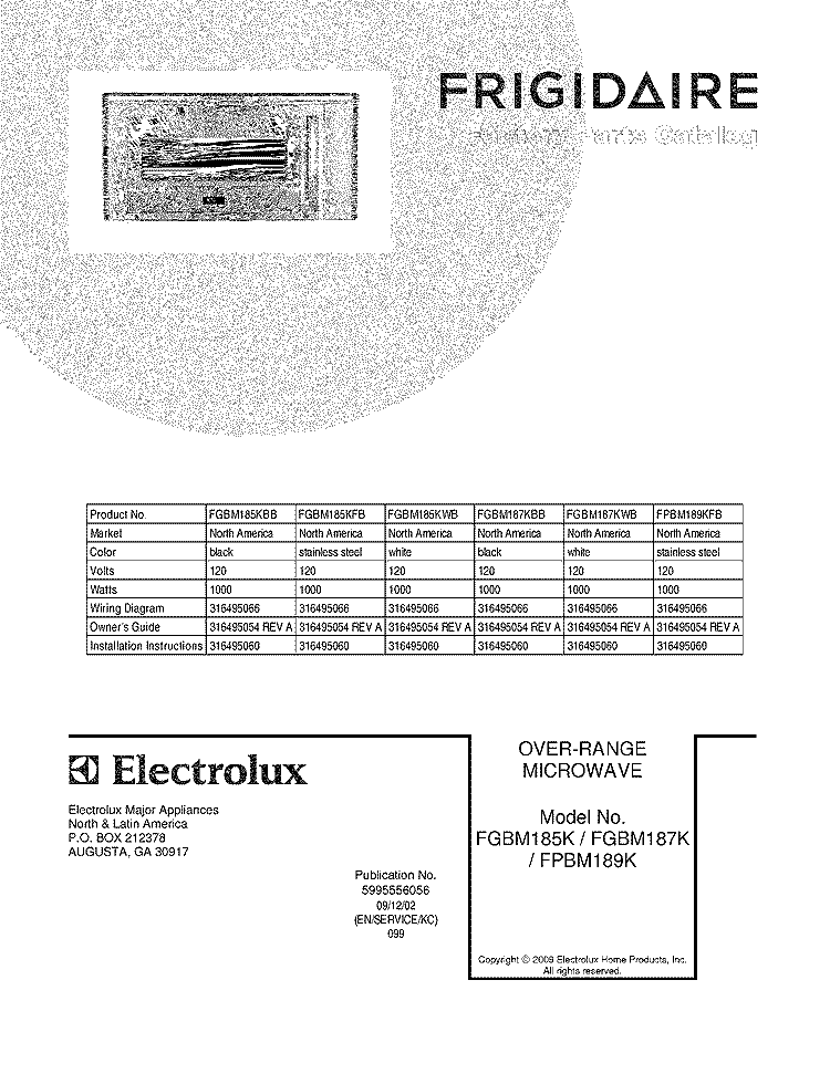 COVER Diagram and Parts List for FGBM185KWB  Frigidaire Microwave