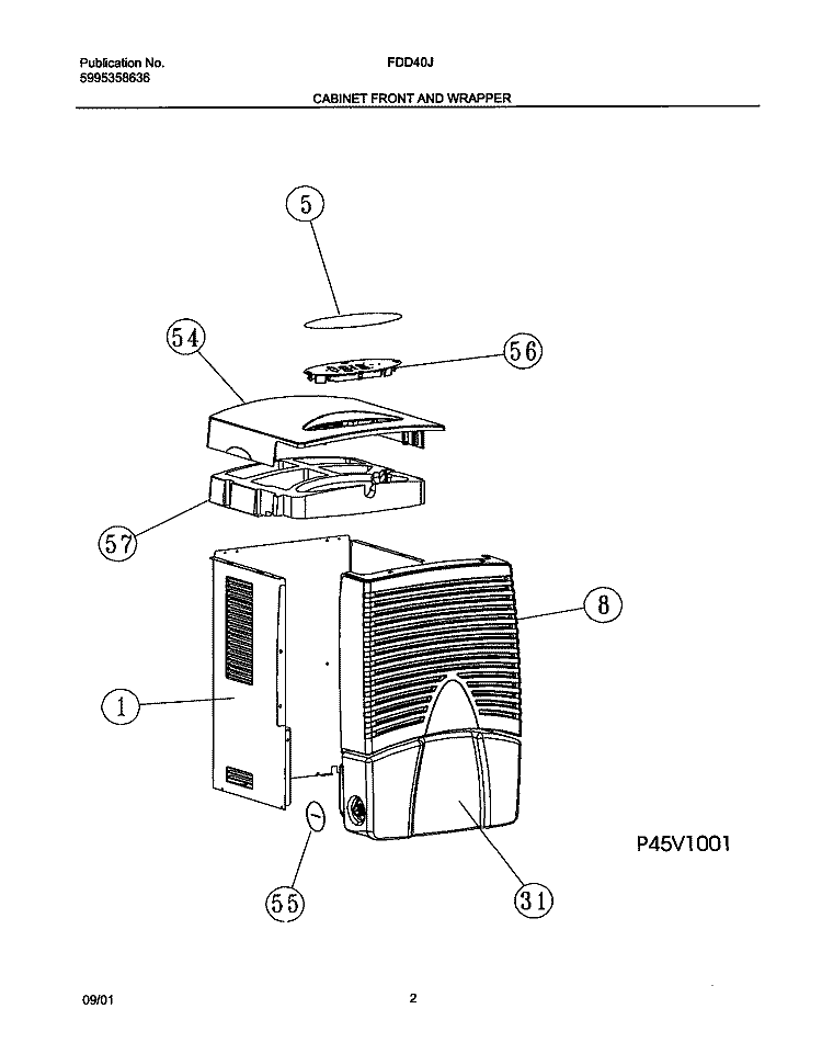 FRONT & WRAPPER Diagram and Parts List for FDD40J7  Frigidaire Dehumidifier