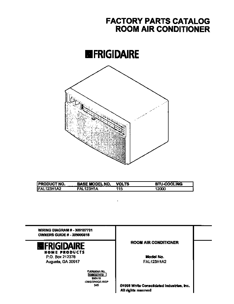 COVER Diagram and Parts List for FAL123H1A2  Frigidaire Air Conditioner