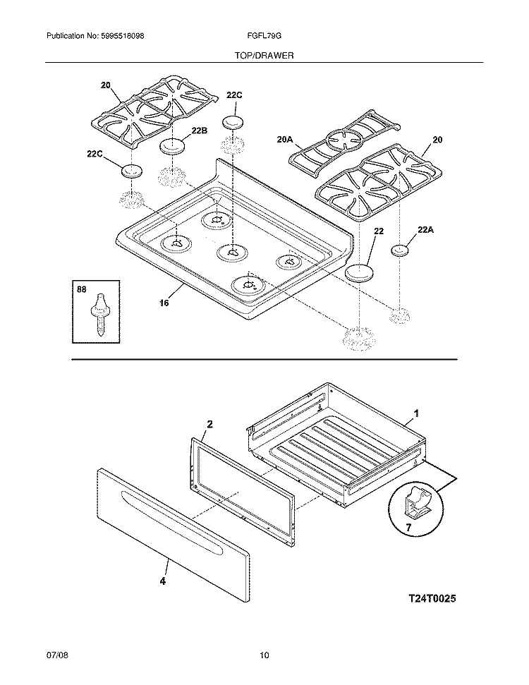 TOP/DRAWER Diagram and Parts List for FGFL79GBB  Frigidaire Range