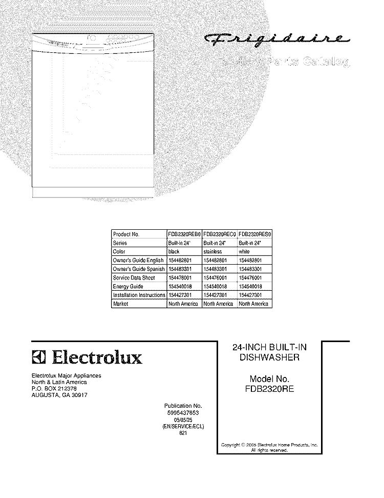 COVER Diagram and Parts List for FDB2320REC0  Frigidaire Dishwasher