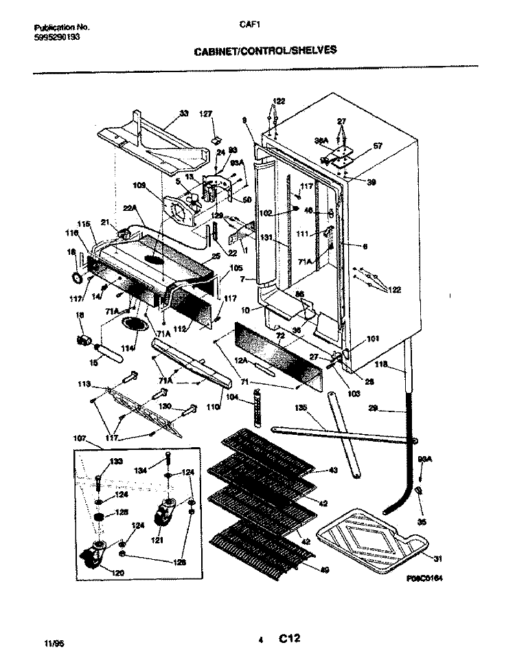 CABINET / CONTROL / SHELVES Diagram and Parts List for CAF12  Frigidaire Freezer